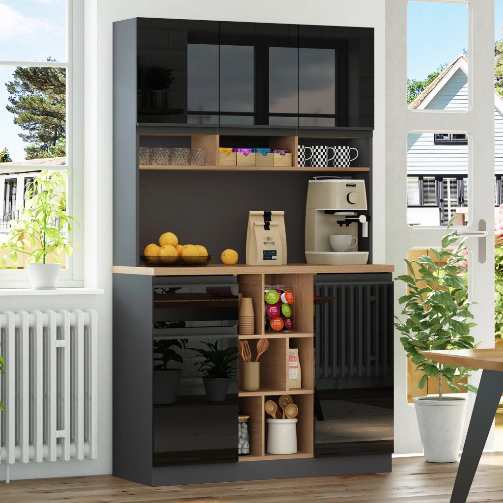 Credenza alta con ante, cassetto e vani aperti, per cucina moderna, in MDF nero naturale, 105 × 45 × 185 cm