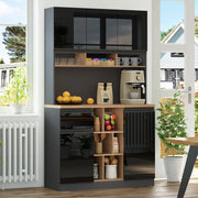 Credenza alta con ante, cassetto e vani aperti, per cucina moderna, in MDF nero naturale, 105 × 45 × 185 cm