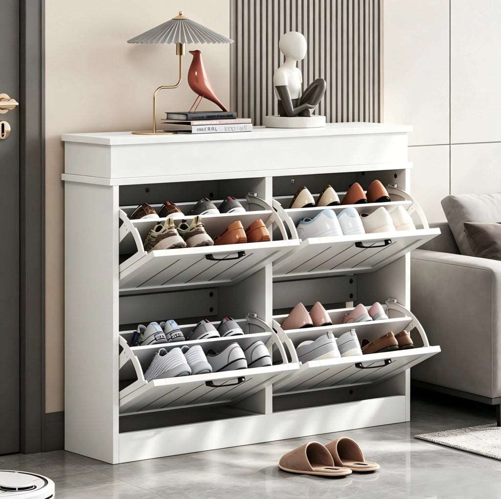 Scarpiera sottile a 4 ribalte con 8 scomparti, bianco