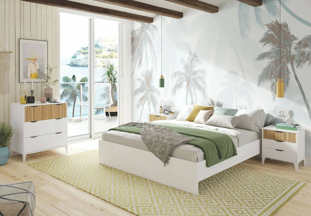 Comodino Jessa, Comò basso, Tavolino da notte, Mensola da letto, 44x33 h50 cm, Bianco e Rovere