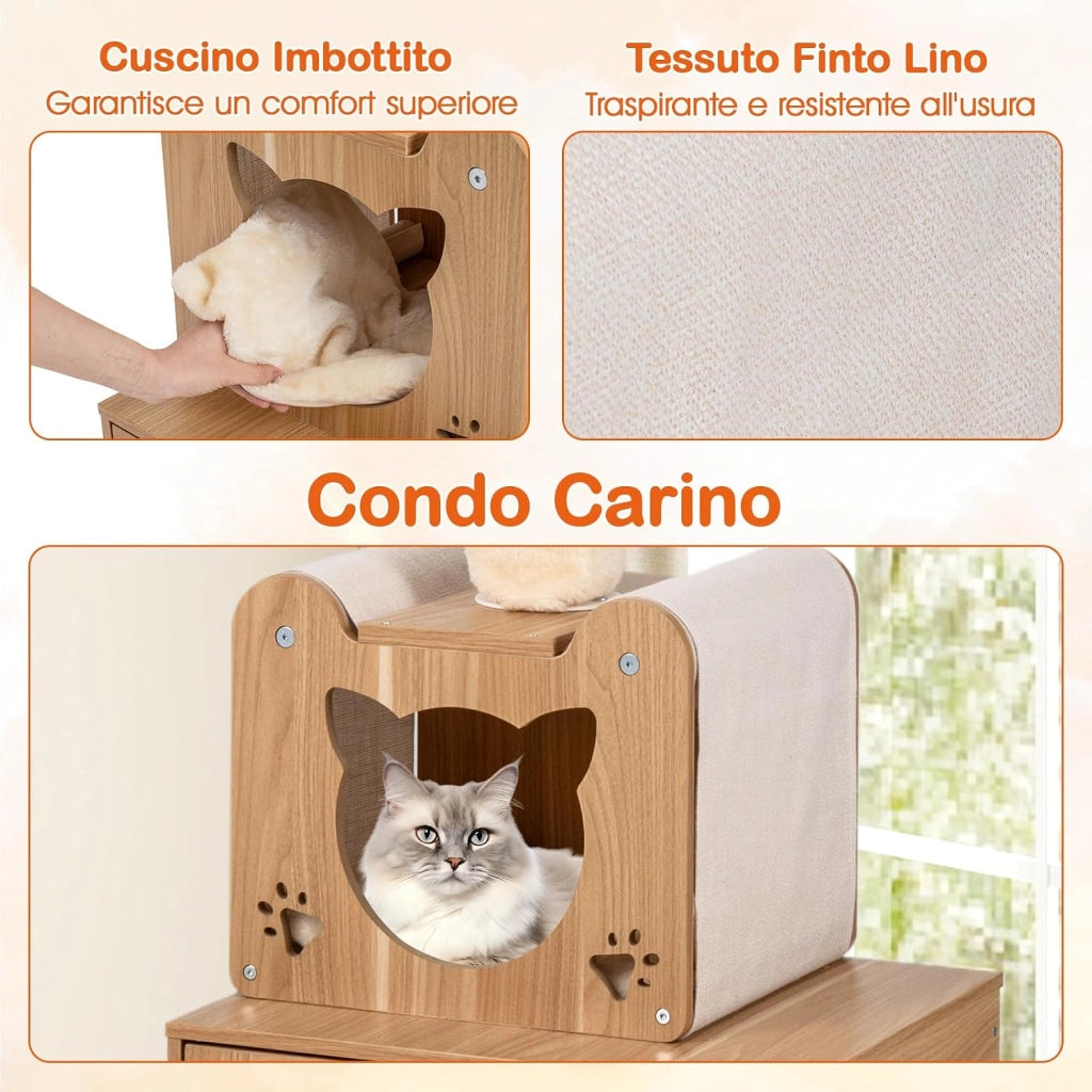 Albero per Gatti Alto 256-275 cm, Tiragraffi per Gatti con Lettiera, Capsula Spaziale, Condominio, Pali Graffiatori in Sisal e Piattaforme per Salto, Mobile per Gattini da Interno