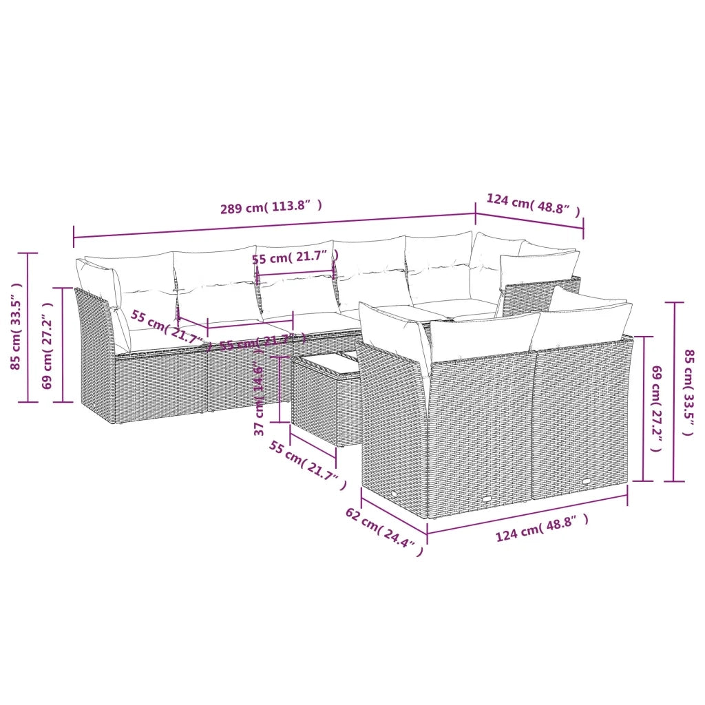 Set Divano da Giardino 9pz con Cuscini Grigio Chiaro Polyrattan