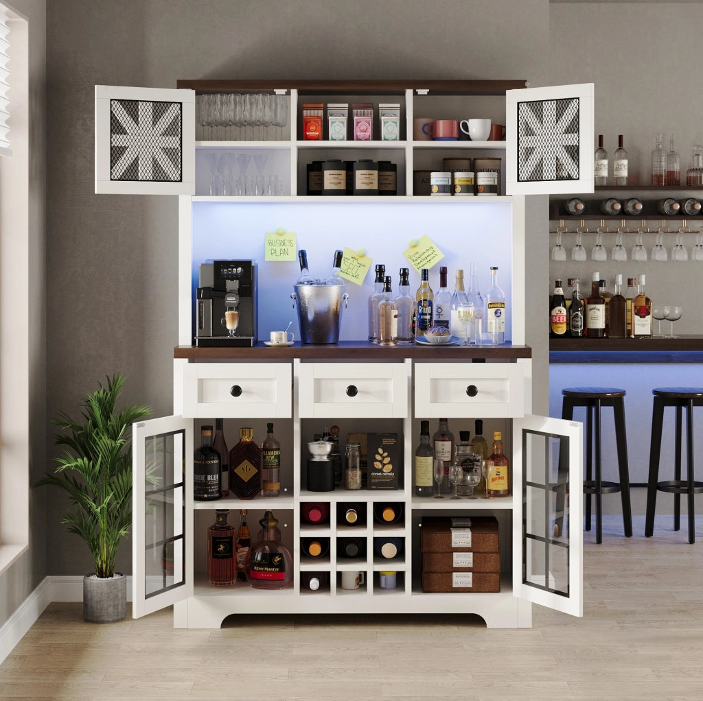 Credenza alta 120x40x180 cm con illuminazione LED; ripiani regolabili in MDF e vetro bianco