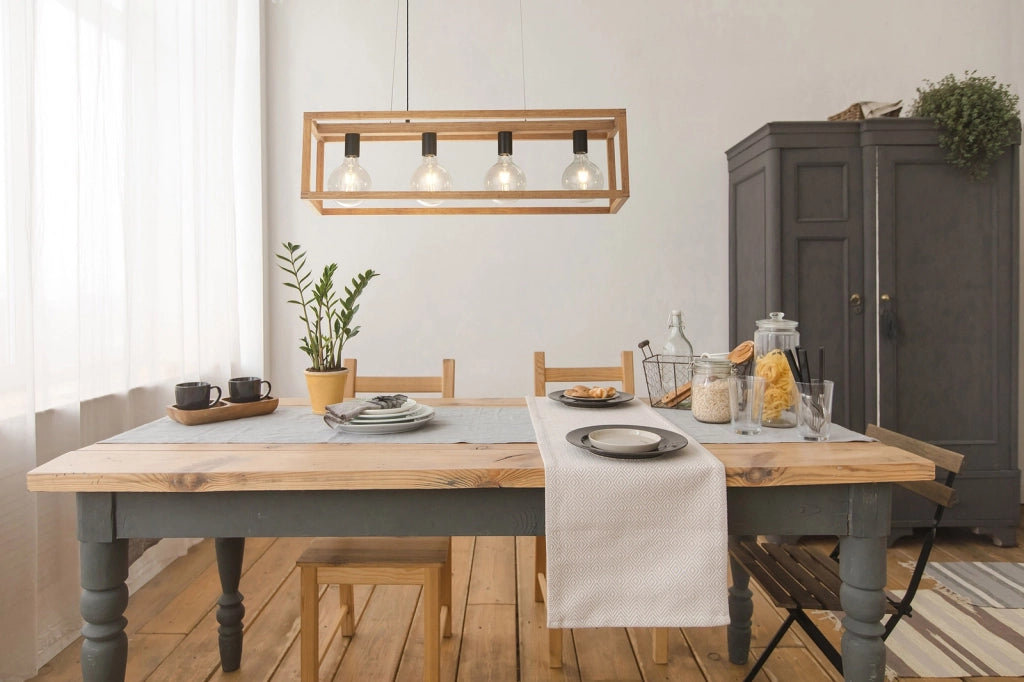 Lampadario Industrial-Nordico Square Legno Marrone Nero 4 Luci E27