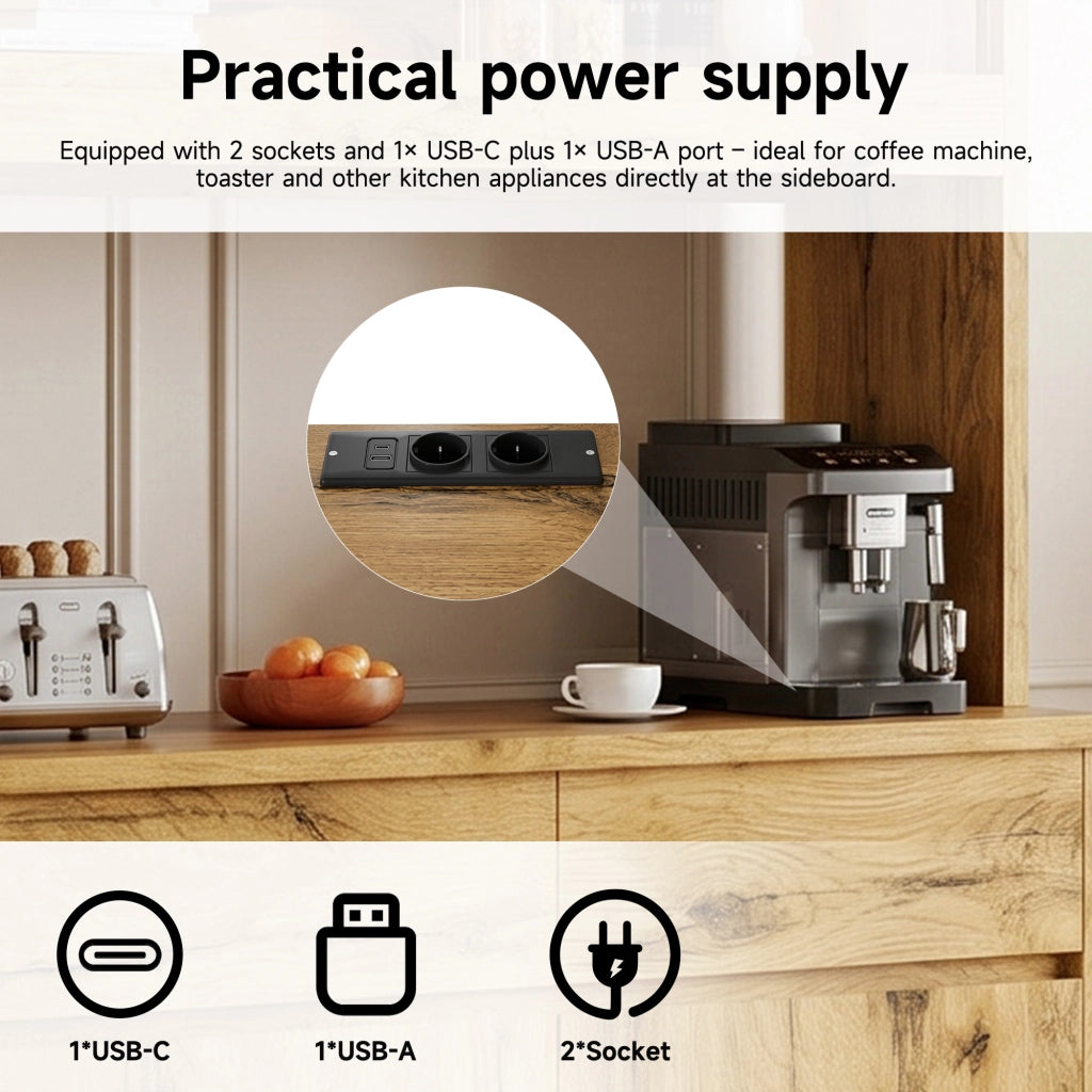 Credenza alta con LED e prese con 1 USB-A e 1 USB-C per soggiorno e sala da pranzo, 100 × 40 × 185 cm