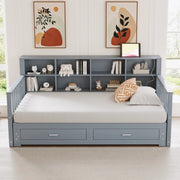 Letto estraibile 90×190 cm e 180×190 cm con ripiani; presa; 2 cassetti e rete; senza materasso; legno; grigio