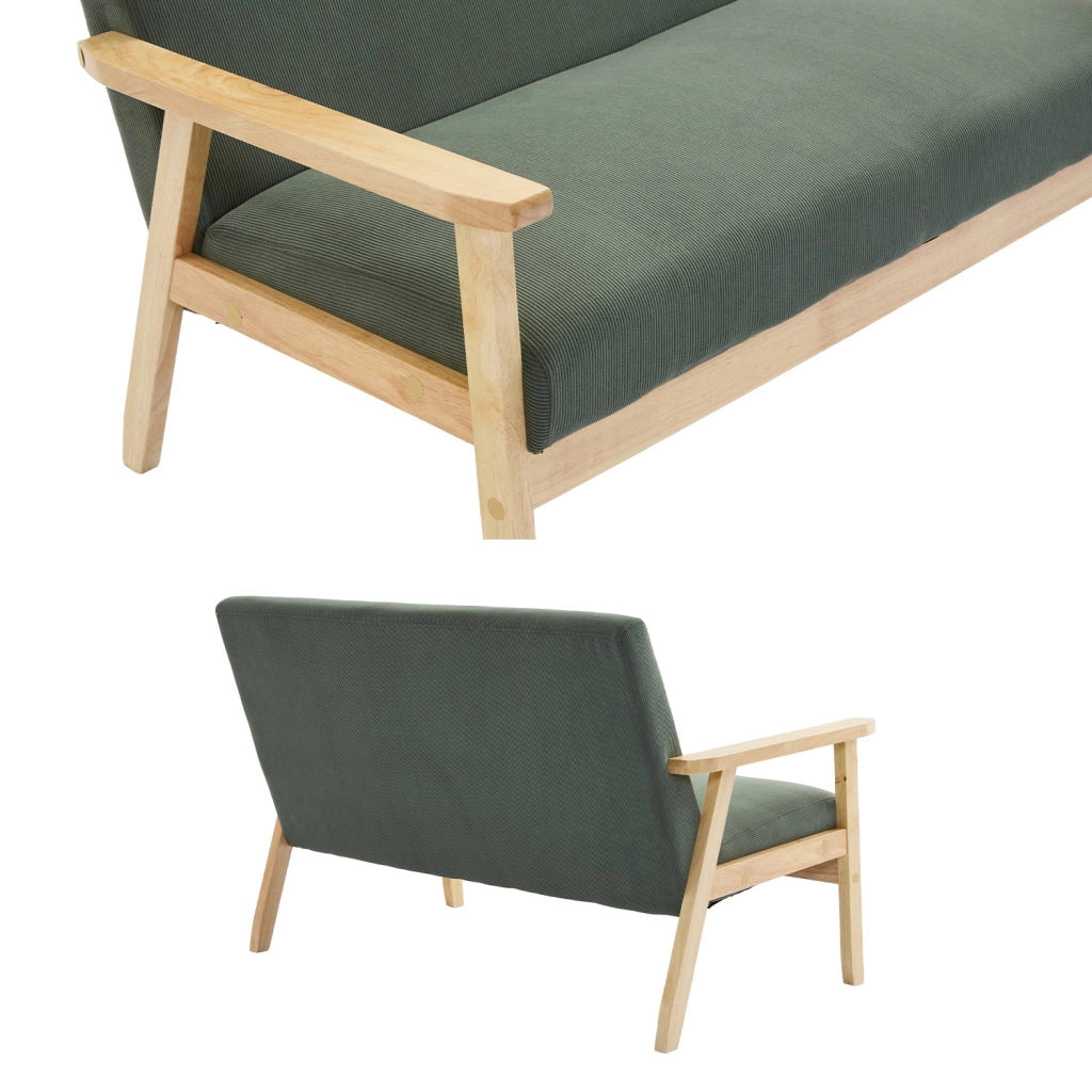 Divano in velluto a coste con gambe in legno, 2 posti, kaki