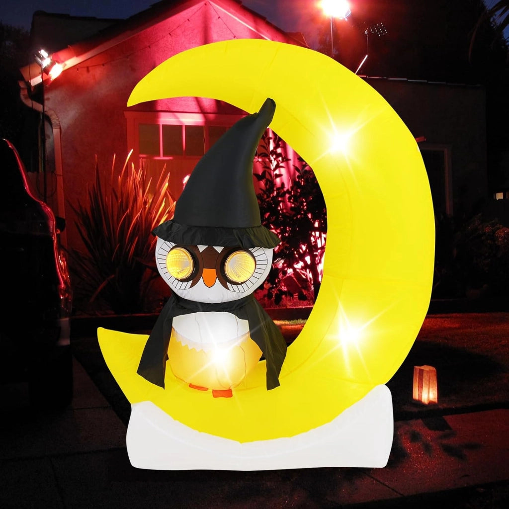 Decorazione Halloween, gufo decorativo con luna gonfiabile, 130 x 60 x 155 cm, 3 luci a LED e 2 grandi luci lampeggianti, soffietto incluso, decorazione per Halloween all'aperto e interni