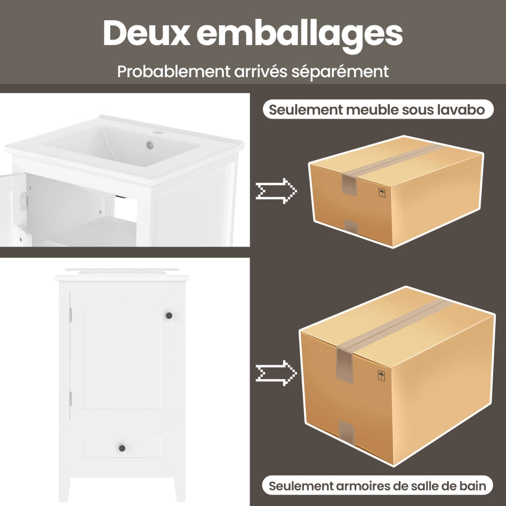 Mobile sottolavabo con lavandino in ceramica, 1 anta, 1 cassetto e ripiano regolabile, per bagno, bianco, 51 × 46 × 85 cm