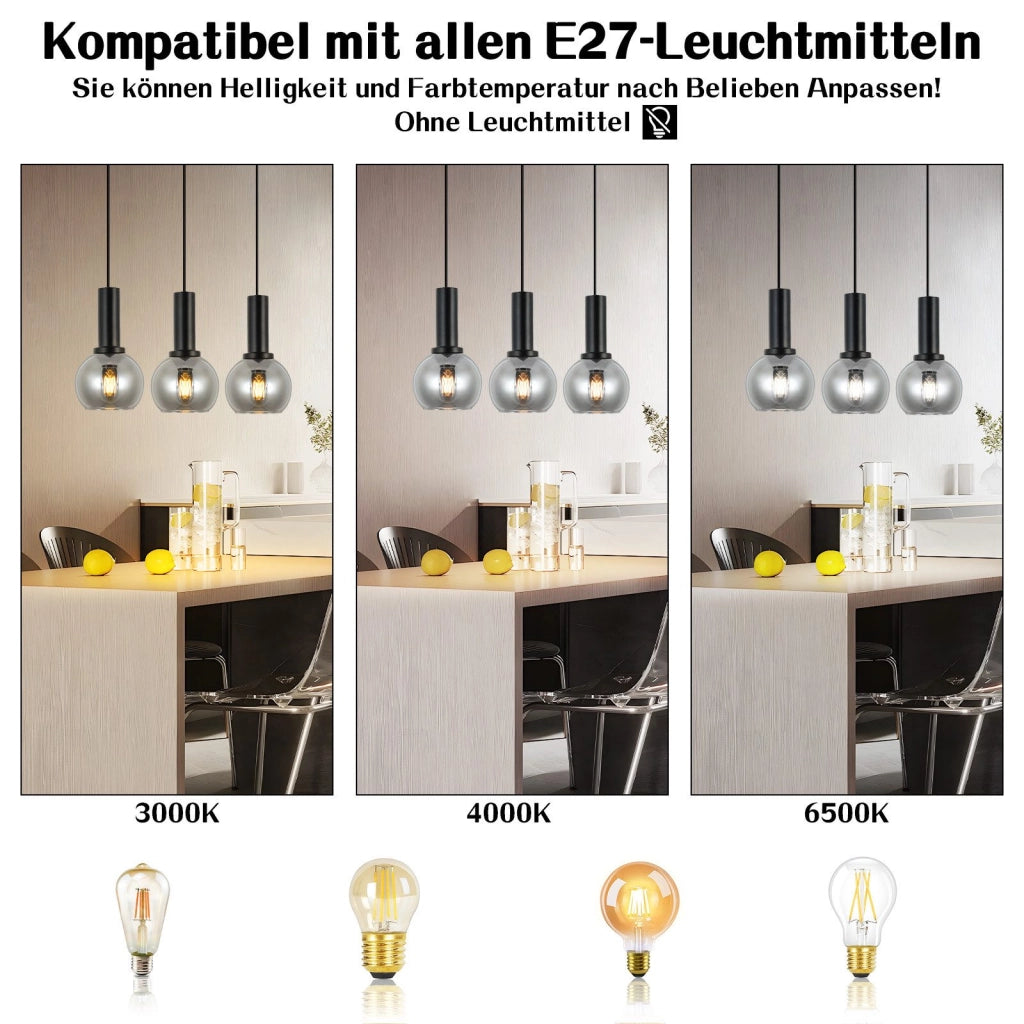 Lampada a sospensione ZMH da sala da pranzo a 3 fiamme E27 lampada a sospensione retr¨° in vetro camera da letto bar