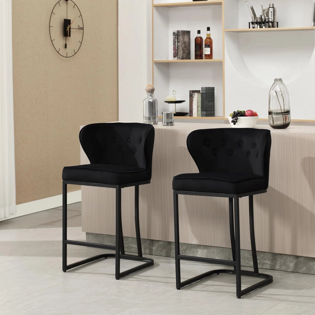 Set di 2 Sgabelli da Bar con Schienale, Sedie Sala Pranzo con Poggiapiedi Ergonomica per Cucina, Camera da Letto, Soggiorno, Sedie in Velluto e Gambe in Metallo, Nero, BH383sz-2