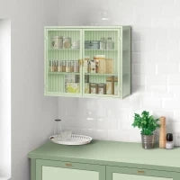 Credenza Moderna Ripostiglio a Due Ante con Vetrina e Ripiani a Tre Livelli per Ingresso, Soggiorno, Bagno e Sala da Pranzo, Verde