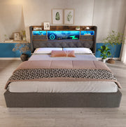 Letto matrimoniale contenitore 140x200 cm in lino grigio con LED; USB e USB-C