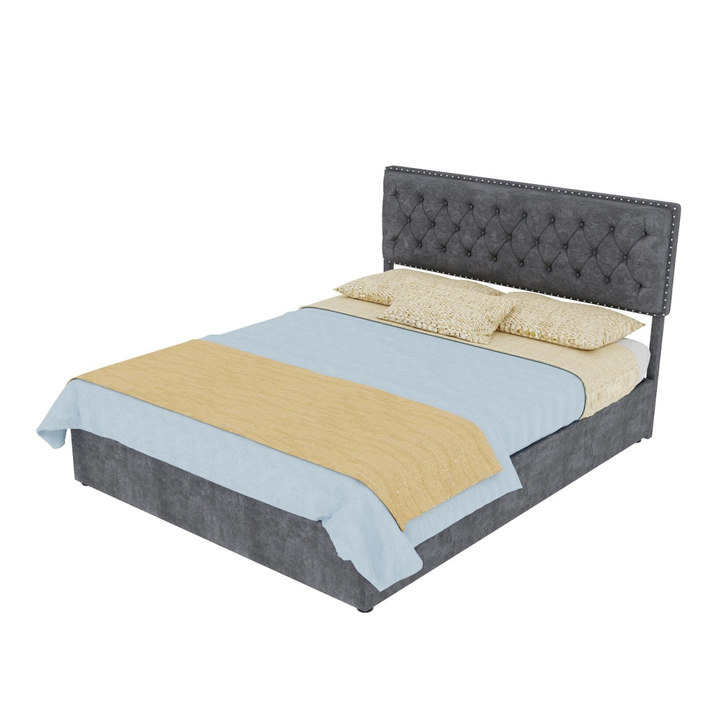 Letto matrimoniale 140x200 cm con contenitore; testiera alta in tessuto grigio e rete a doghe