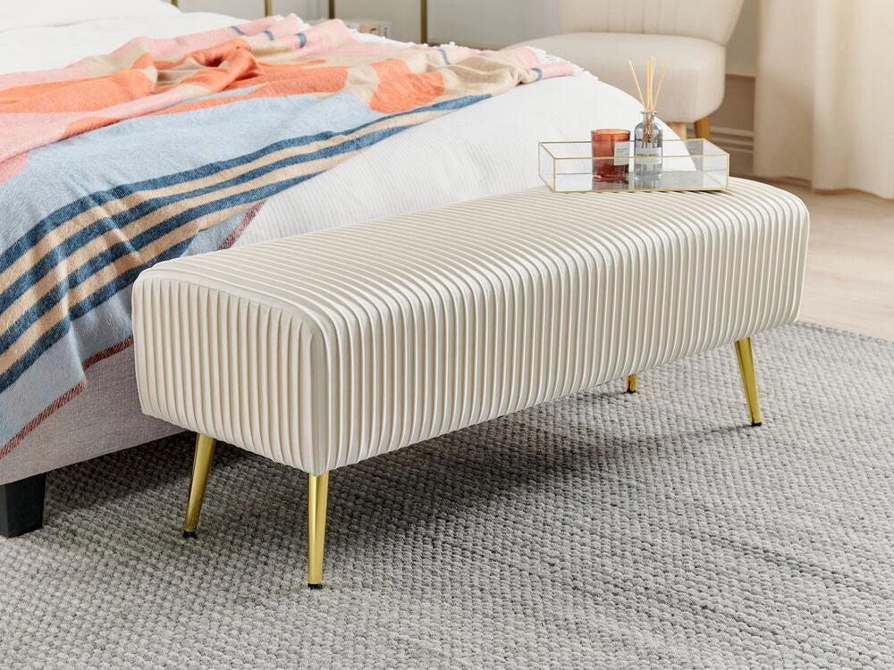 Panca Velluto Bianco Sporco Imbottito Gambe In Metallo dorato 118 cm Glamour Soggiorno Camera Da Letto Corridoio