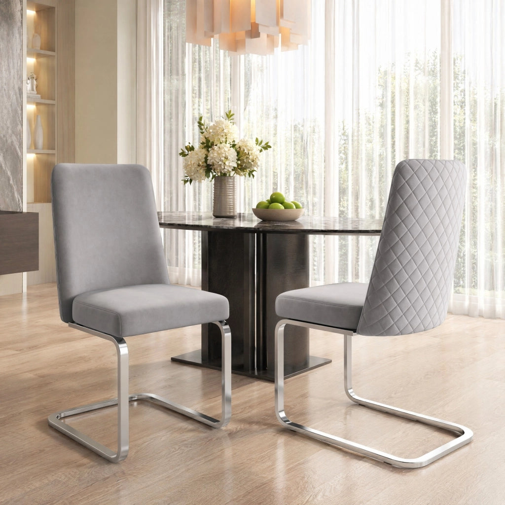 Set di 2 sedie da pranzo in velluto grigio con gambe in metallo argentato, schienale con design a rombi