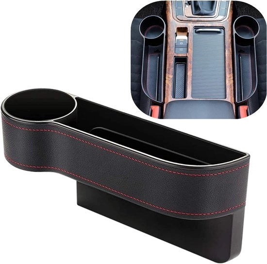 Organizzatore di console in pelle premium PU tra i sedili anteriori, con contenitore per bicchieri, cassa di stivaggio per accessori in auto (lato conducente)