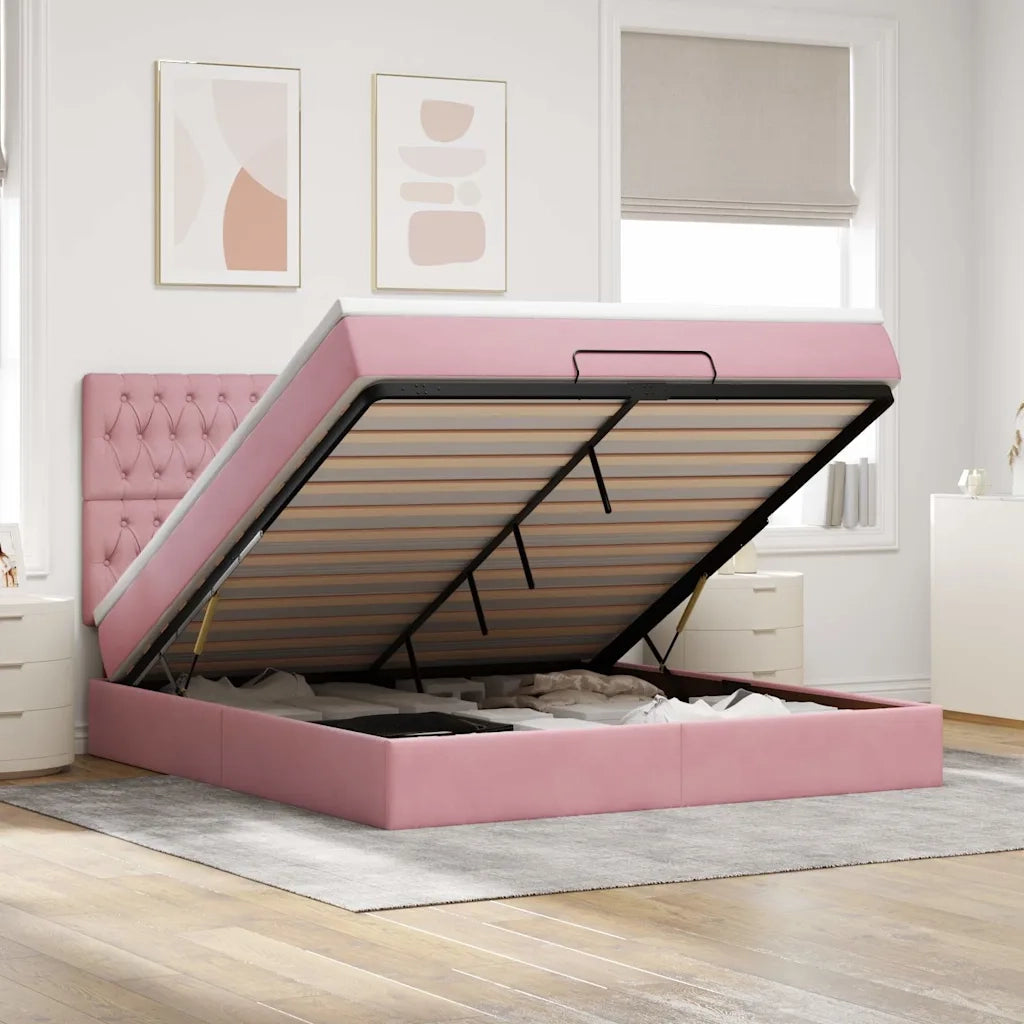 Struttura Letto Pouf con Materassi Rosa 160x200 cm Velluto 3313558
