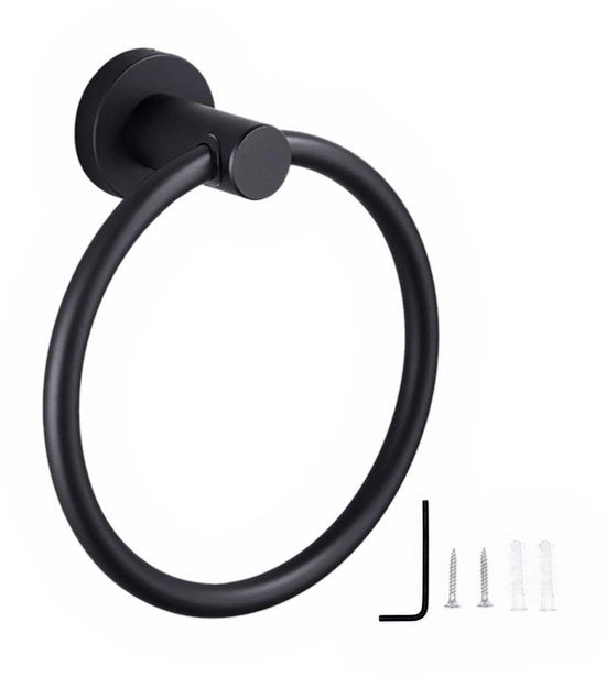 Asciugamaniere Moderna - Asciugamaniere - Nero - Acciaio Inossidabile - Appeso al Muro - Diametro Esterno 16 cm - Anello per Asciugamani