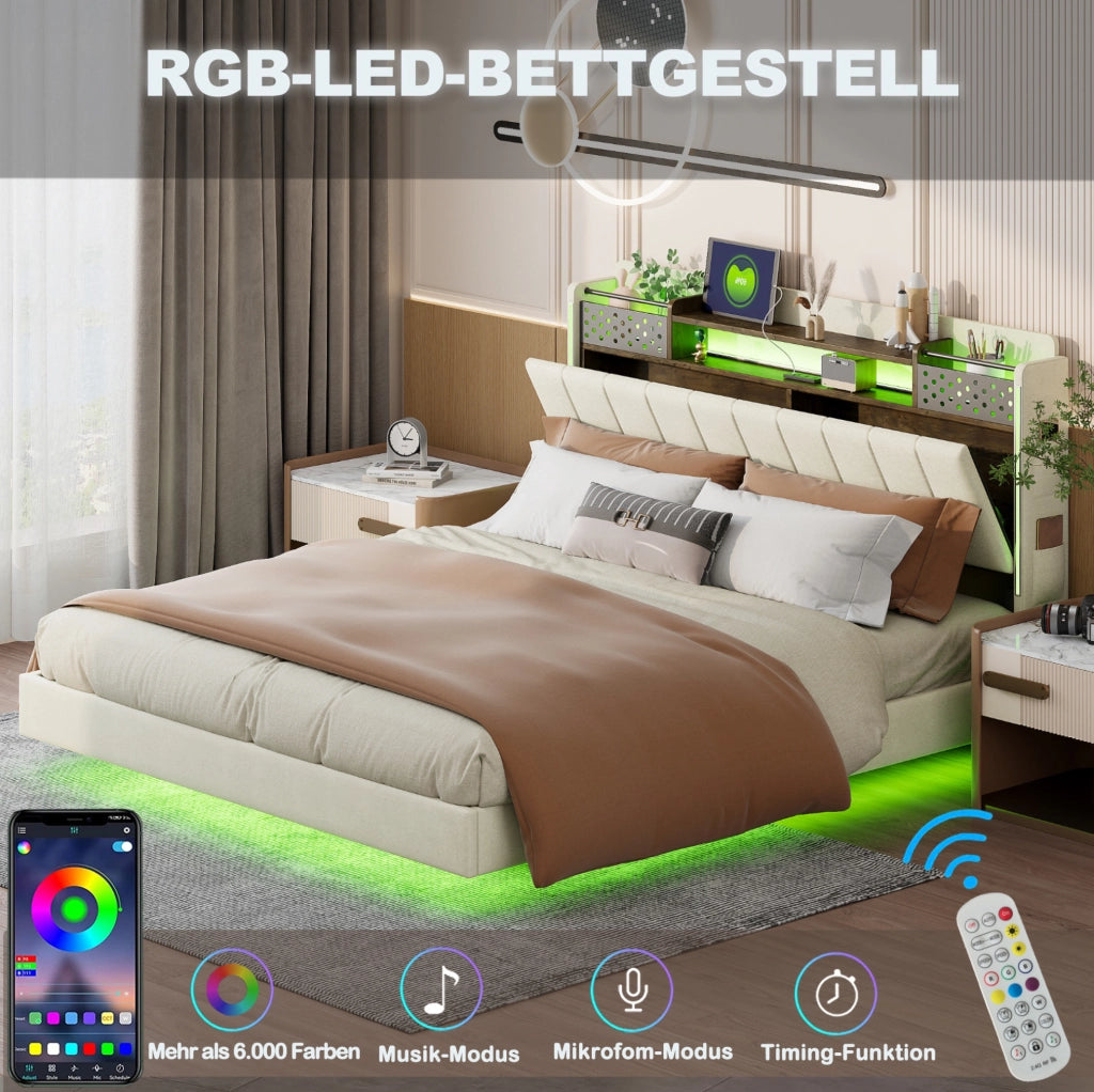 Letto matrimoniale imbottito 160x200 cm beige con LED e USB
