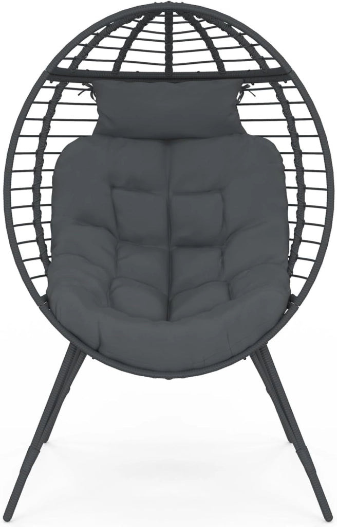 Poltrona Egg con Base Traforata Effetto Rattan Grigio e Cuscino Grigio