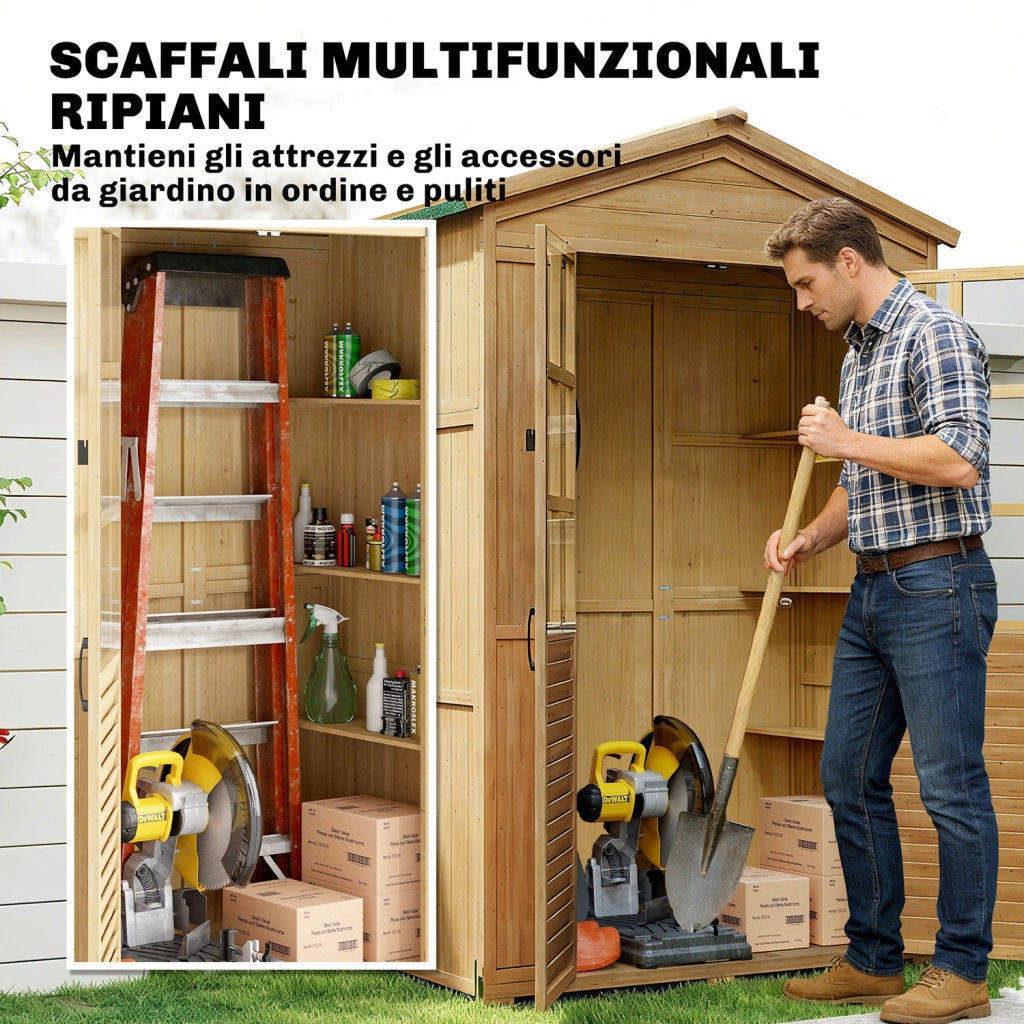Armadio da Giardino Box Porta Attrezzi 128x57,5x197 cm con Finestre Trasparenti in Legno Marrone Chiaro