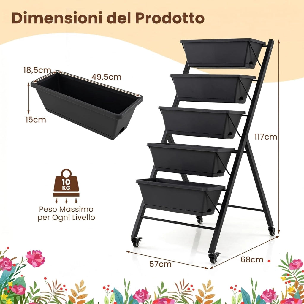 Fioriera Verticale a 5 Livelli, Orto Rialzato da Interno ed Esterno con Ruote Bloccabili, Vassoio e Foro di Drenaggio, Scaffale a Scaletta in Metallo Verniciato per Piante, Fiori e Verdure