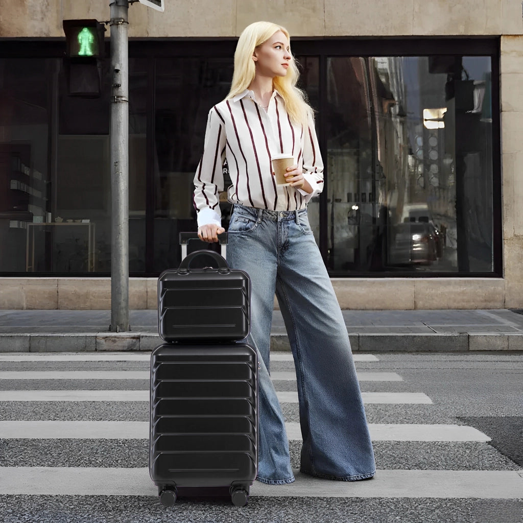 Set di 2 valigie girevoli in ABS da 14"/19" con lucchetto a combinazione e trousse da 14" (Nero)