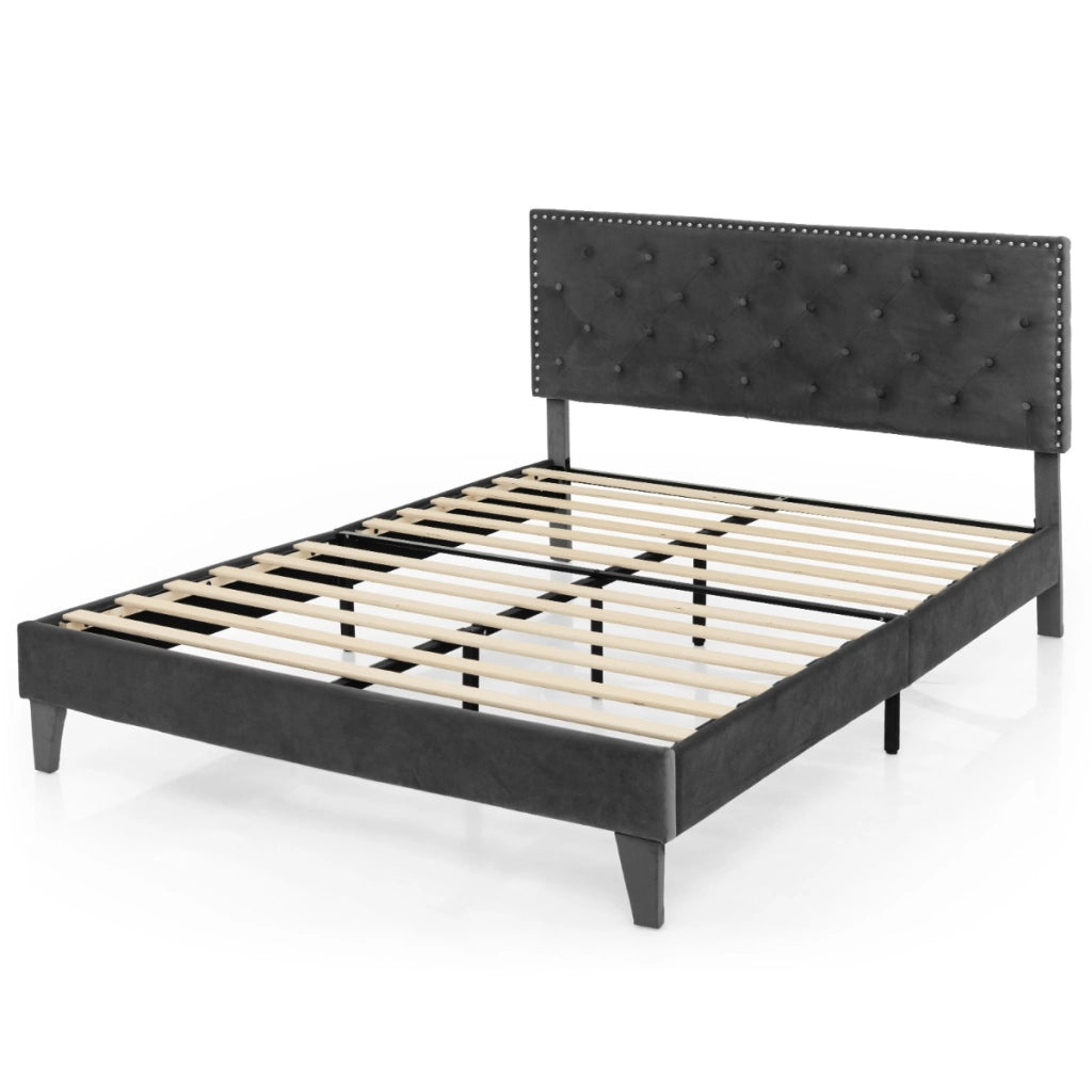 Letto a piattaforma imbottito con testiera bottoni doghe in legno-Struttura letto moderno Grigio 207,5x200x105,5/114cm