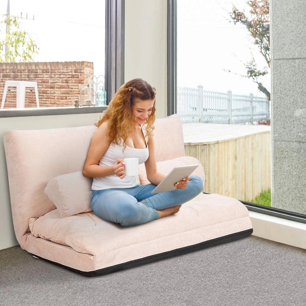 Divano da Terra, Divano Letto Multifunzionale Regolabile in 6 Posizioni con 2 Cuscini, con Fodera in Camoscio per Camera da Letto Salone Balcone (Beige)