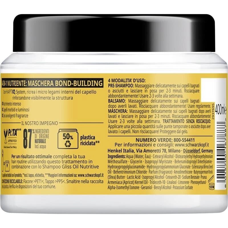 SCHWARZKOPF GLISS 4-IN-1 MASCHERA PER CAPELLI 400 ML OIL NUTRITIVE HAPTIQ SYSTEM + MARULA X CAPELLI FRAGILI E DANNEGGIATI