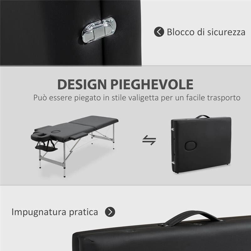 LETTINO PER MASSAGGIO PORTATILE E PIEGHEVOLE CON ALTEZZA REGOLABILE E SEDUTA IMBOTTITA 186X71X62-83 CM NERO