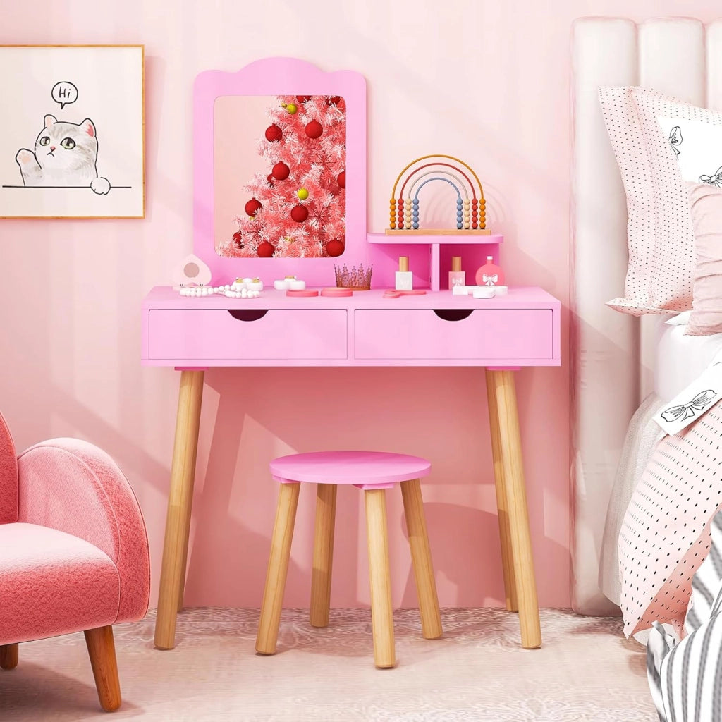 2 in 1 Set Toeletta per Bambini, Postazione Trucco in Legno con Sgabello, Specchio Rettangolare Staccabile e 2 Cassetti Capienti, Ideale per Bambini dai 3 ai 7 Anni (Rosa Scuro)