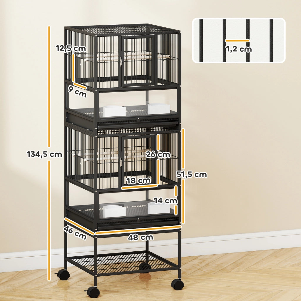 Gabbia per Uccelli 2 Livelli con Pannelli Acrilici ¨C zephmum ¨C Nero 48x46x134.5 cm