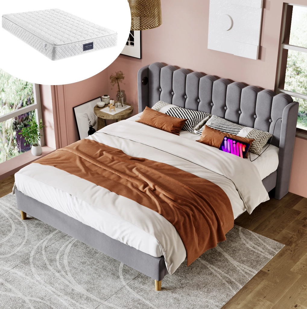 Letto matrimoniale imbottito 140x200 in lino grigio con USB Type-C e doghe
