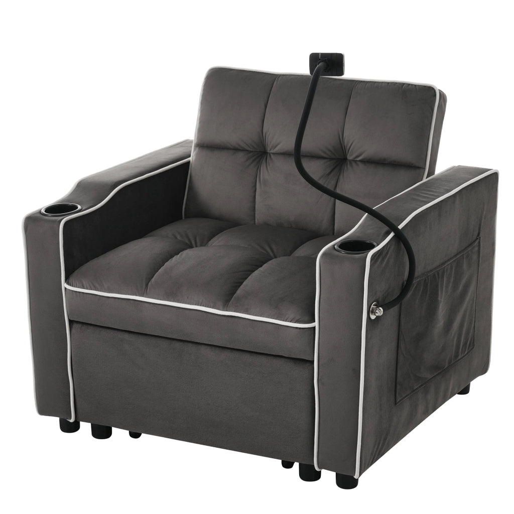 Poltrona Letto 3 in 1 con Schienale Regolabile; 2 Portabicchieri e Supporto per Telefono; Velluto Grigio Scuro 83 × 167 × 76 cm