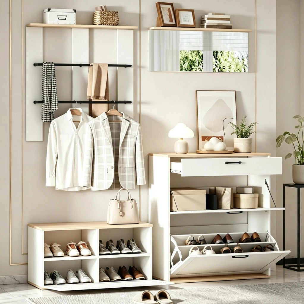 Mobile ingresso modulare 156x36x176 cm con scarpiera; specchio e appendiabiti; bianco e legno