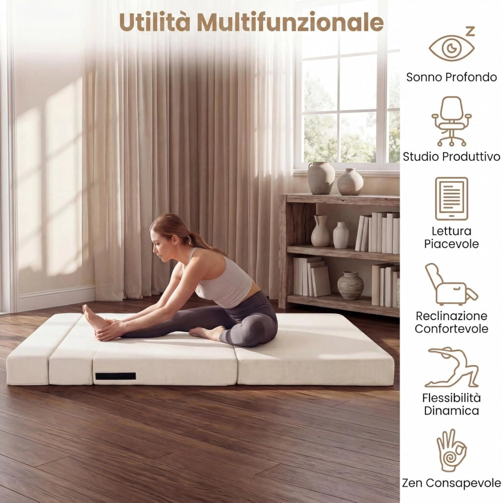 Divano Letto 2 Posti Pieghevole, 3 in 1 Divanetto Trasformabile con 2 Cuscini, Schiuma ad Alta Densità e Rivestimento in Tessuto Chenille, Poltrona Letto per Soggiorno (Beige,82 x 103 x 58 cm)