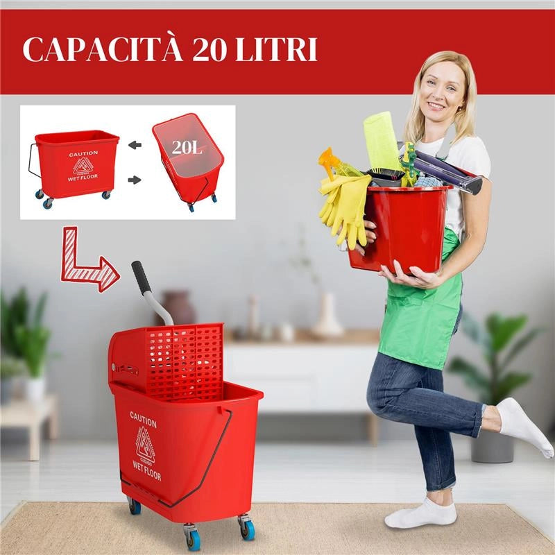 CARRELLO PULIZIE CARRELLO LAVAPAVIMENTI CON STRIZZATORE 60X27X70.5CM ROSSO