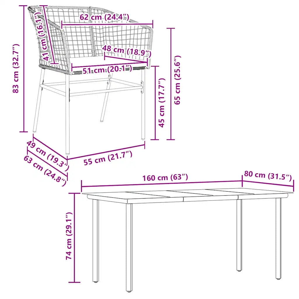 Set da Pranzo da Giardino 5pz con Cuscini Polyrattan Vetro