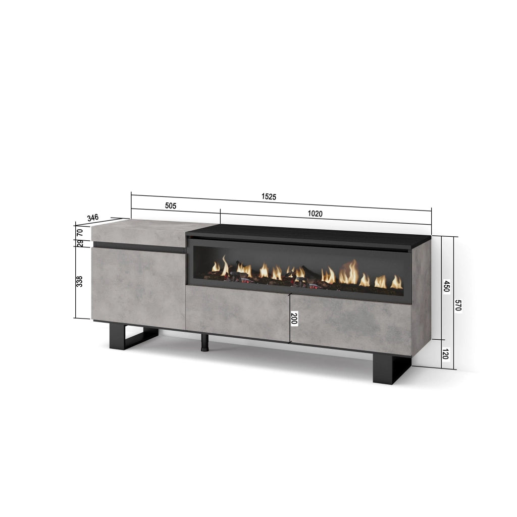 Mobile TV Soggiorno, 150x35x57cm, Per TV fino a 65", Camino elettrico, Design industriale, grigio cemento RF2473