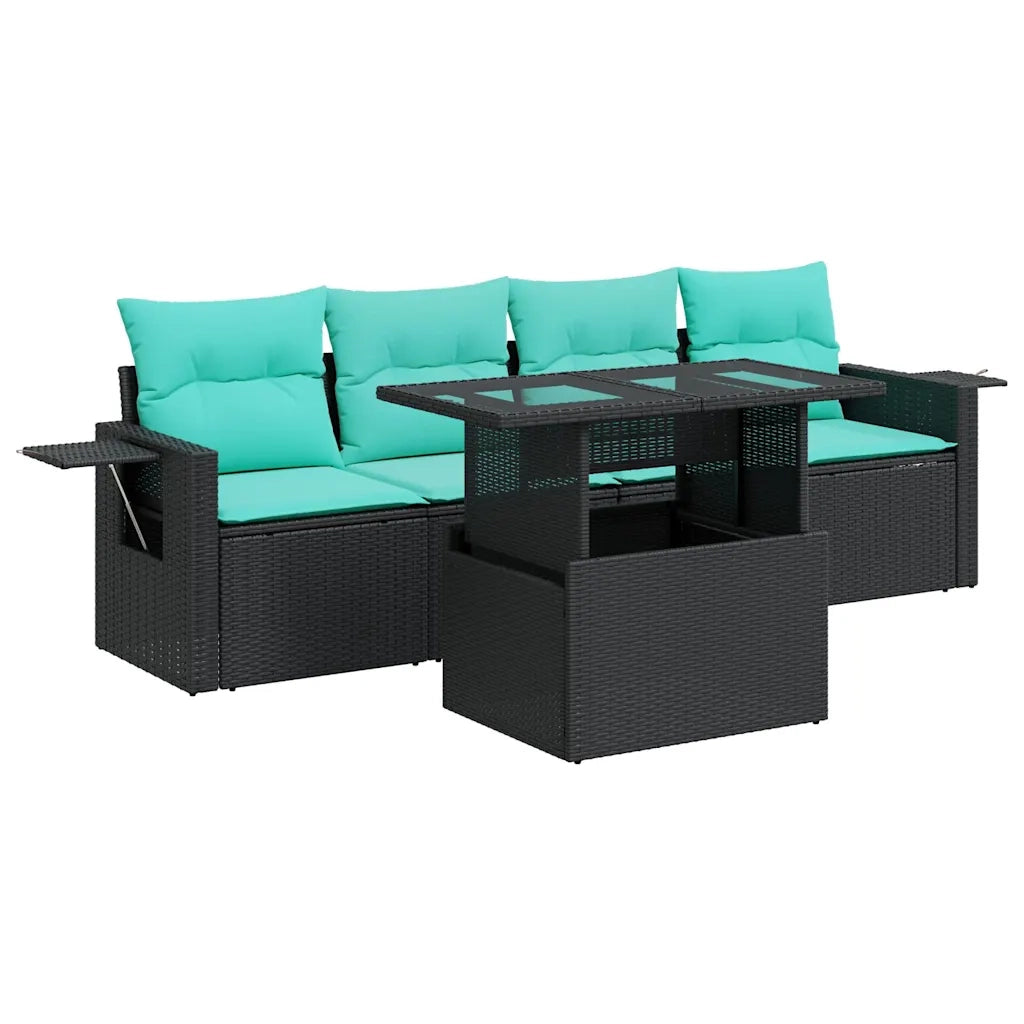 Set Divano da Giardino 5 pz Cuscini Nero Polyrattan e Acacia 3326398