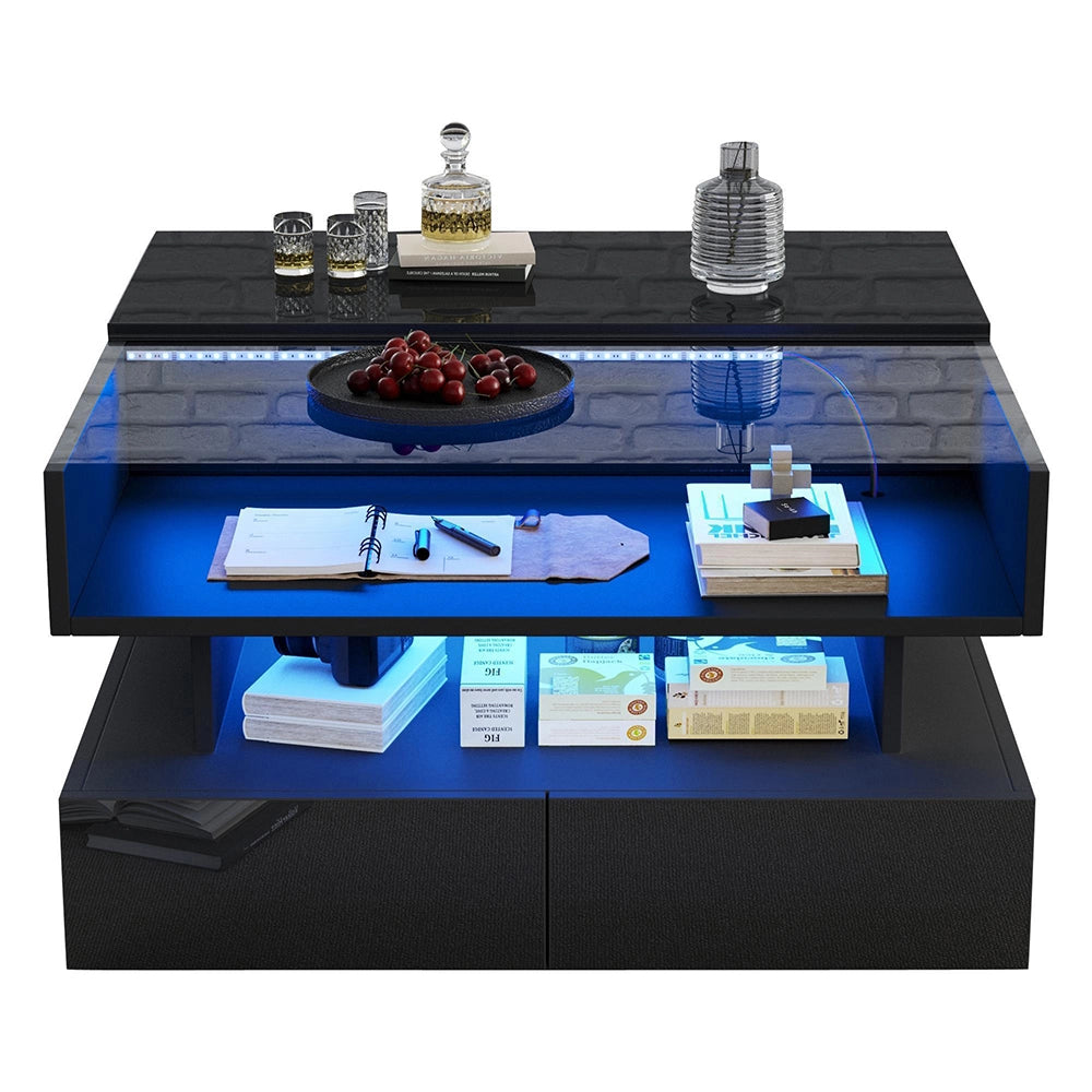 Tavolino regolabile - Xylo - 80x80cm vetro temperato 2 cassetti LED nero