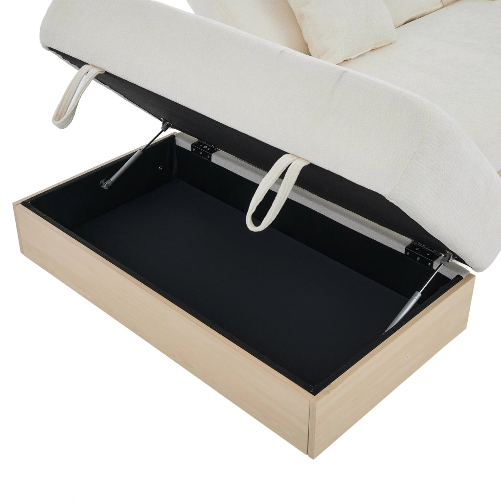 Divano letto in chenille con contenitore, schienale reclinabile a 3 posizioni, 2 cassetti e portabicchieri nascosto, 217 cm, beige