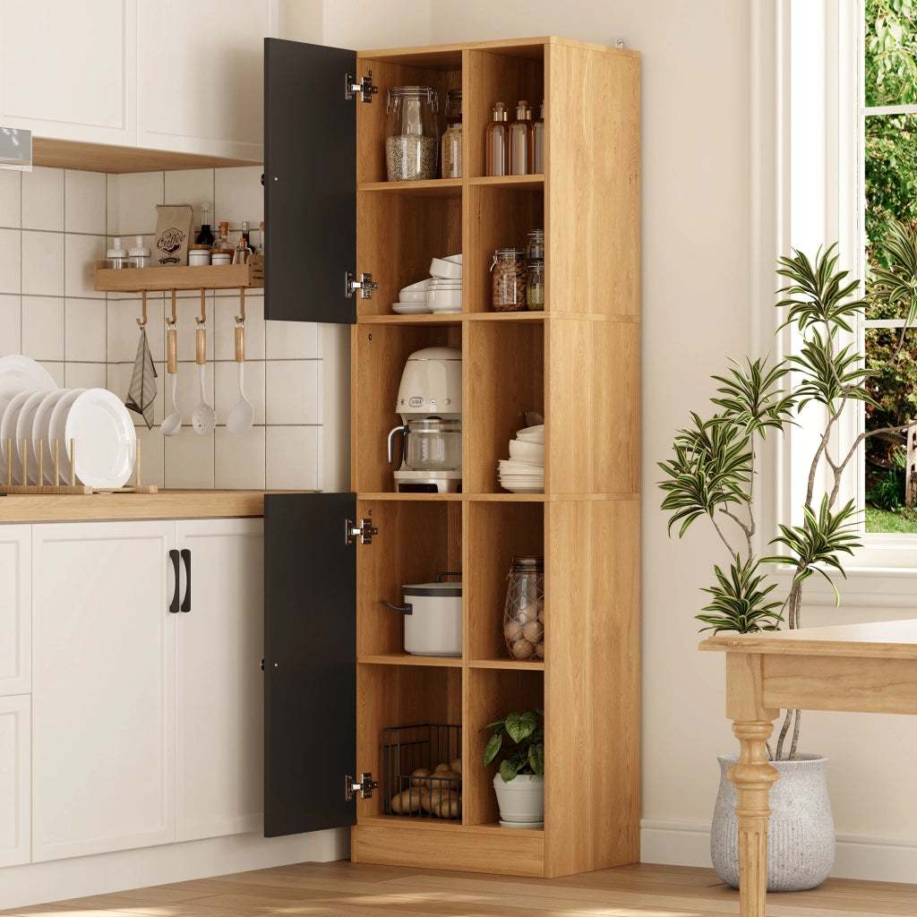 Mobile angolare alto con 6 ripiani aperti e 2 ante, scaffale salvaspazio per cucina e zona pranzo, 50×35,5×170 cm, antracite/effetto legno