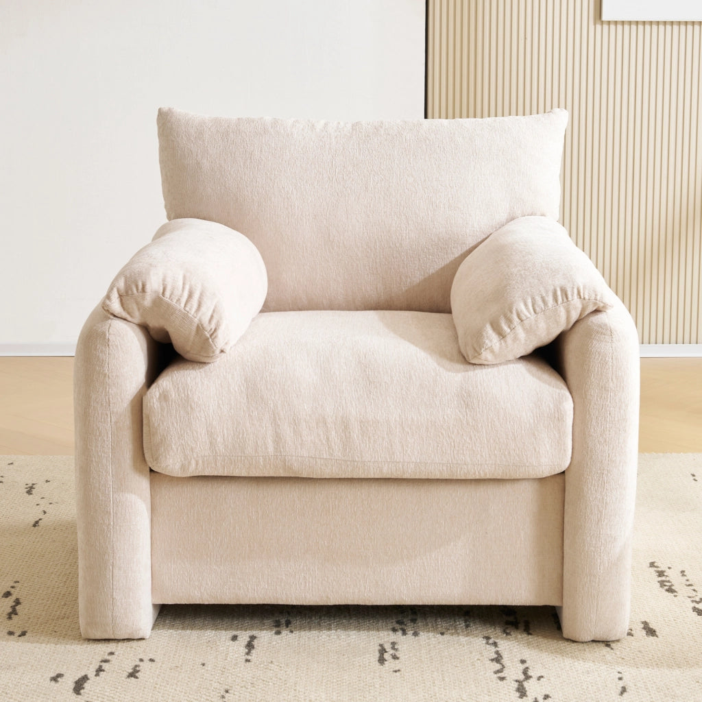 Poltrona singola in chenille beige; seduta 96x82x84 cm; struttura in legno e ferro