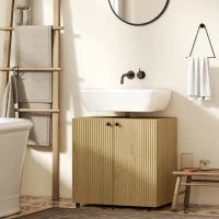 Mobile sotto lavabo, 2 ante con chiusura ammortizzata, ripiano regolabile, 60×39,8×58,5 cm, Legno naturale