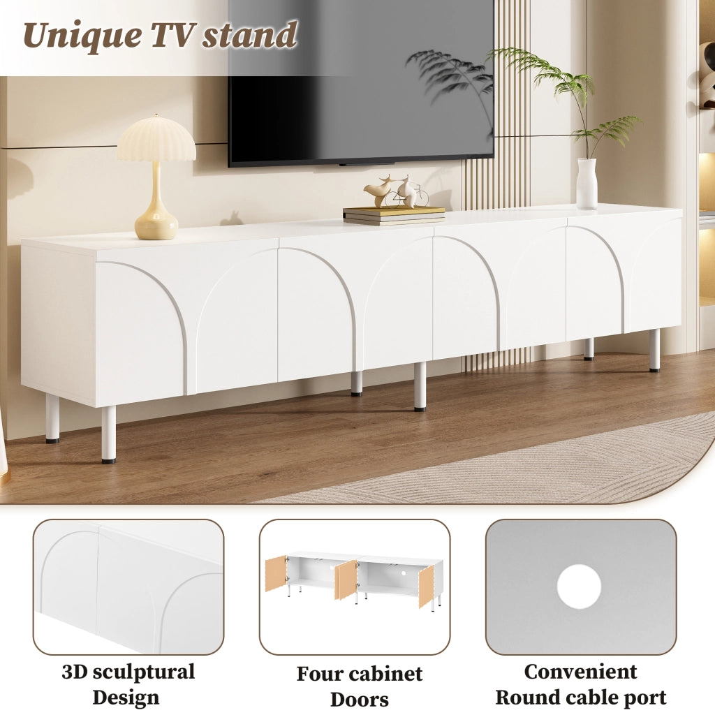 Mobile porta TV con 4 ante e 2 vani separati, piedi in metallo, in MDF e PB, per soggiorno, bianco, 180 × 35 × 49 cm