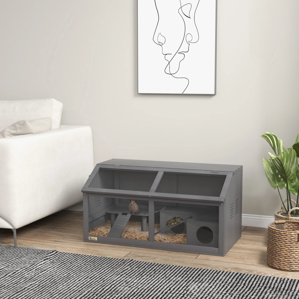Gabbia per criceti in legno ¨C Xylo ¨C con ponte sospeso, scale, casetta, 84x45x44 cm, grigio