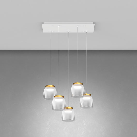 Lampadario Contemporaneo Drum Metallo Bianco Vetro Oro 5 Luci Led 40W Calda